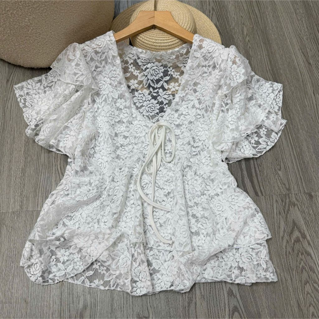 Áo Kiểu Ren Bigsize Nữ Cổ V Tay Bèo Dáng Xòe Che Bụng Thời Trang 58-92kg A353