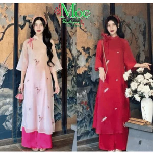 Set áo dài, đồ Tết cách tân áo dài thiết kế thời trang Tơ ánh kim 2 lớp hoa nơ kèm quần Tuyết Nhung