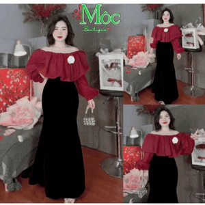QC_ Set váy dài, thiết kế nữ áo đỏ tơ đính hoa trà nổi kèm chân váy đuôi cá Nhung dài