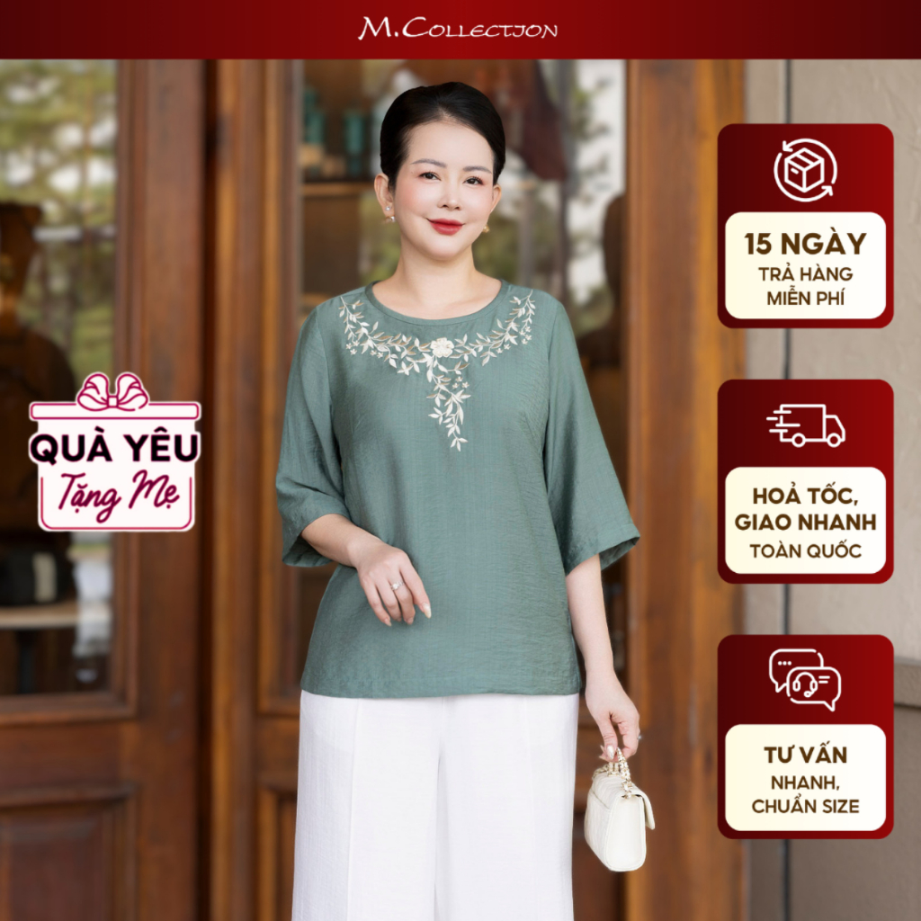 M COLLECTION | Áo Kiểu Nữ Trung Niên Tặng Mẹ, Bà Vải Lụa Hàn Cổ Tròn Tay Lỡ Thêu Hoa Cao Cấp A13524