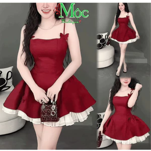 DX_ Đầm váy ngắn, đầm nàng thơ thiết kế dự tiệc, Đầm ngắn xoè Bố Xước 2 dây đính bướm phối Voan bèo