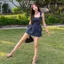 Set kiểu nữ AHRAM cổ vuông đính cúc bọc phối tầng áo kèm chân váy form A dáng ngắn SAT421