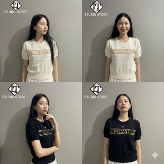 LT - Áo len nữ chữ ngang ngực khuy vai, cổ tròn, len cộc tay cotton knit free size 1624