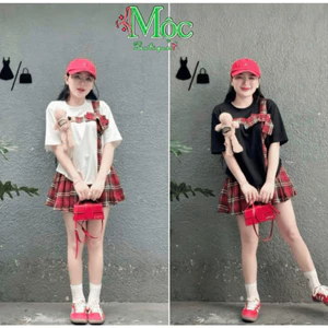 Set váy ngắn, set thiết kế mặc hè + gấu bông áo tăm đính nơ caro kèm CV kaki ngắn xếp ly có lót