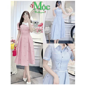 QC_Đầm váy dài, váy Chất Kate in hoa cổ sơ mi tay ngắn dễ thương phong cách nhẹ nhàng thanh lịch