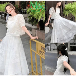 Set váy dài, set thiết kế đi tiệc Ren Hoa Quảng Châu có lót + chân váy dài Ren Hoa xoè 2 lớp