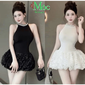 MK_ Đầm váy ngắn, đi tiệc cổ yếm ôm body đính đá tùng bí xoắn lưới sóng bồng kèm quần