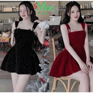 Đầm váy ngắn, thiết kế đi tiệc, váy tiểu thư Nhung đỏ kim tuyển cột dây nơ có mút có lót quần