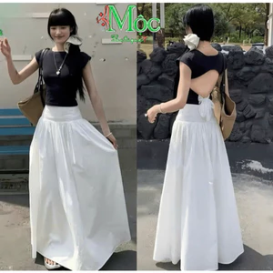 Set váy dài, set đi biển mặc hè, váy dài Lụa khoá kéo áo Tăm gân hở lưng phối dây Ren cột nơ