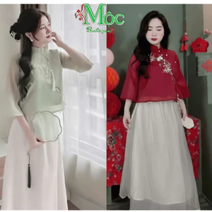 Set đồ lam, set hán phục mặc tết áo tơ thêu nút tàu 2 lớp đính ngọc kèm chân váy dài voan tơ
