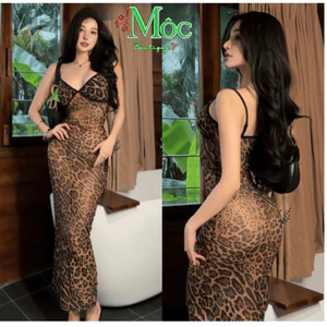 MK_ Đầm váy dài, Body nữ 2 dây, đầm ôm body đi tiệc dáng dài Beo da báo Tăm co giãn có mút gợi cảm