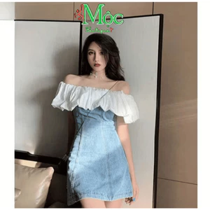 LS_ Đầm váy ngấn jean, váy mặc hè, đầm Chất Jean trễ vai phối tơ ôm body dáng ngắn dễ thương