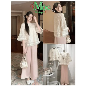 Set đồ lam, đồ thiết kế ren hoa 3 lớp tay lỡ đính nơ có áo lót kèm quần dài ống suông thanh lịch