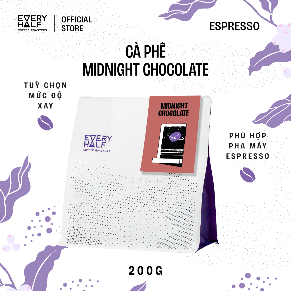 [TẶNG 2 DRIP - ĐƠN 199K] Cà Phê Midnight Chocolate Medium Roast Phù Hợp Pha Phin và Pha Máy Every Half - Túi 200G