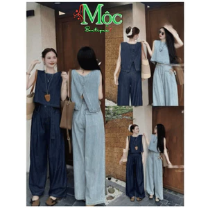 DX_ Set bộ jean, set cộc tay crotop xẻ lưng quần dài suông Jean Quảng Châu kèm nịt đi chơi