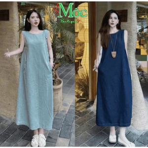 DX_ Đầm váy dài Jean, đầm bầu form suông dáng dài mặc hè cổ tròn sát nách có túi