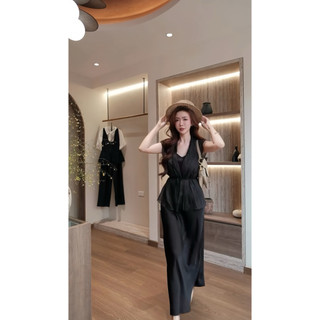 Set Váy Lụa 2 Dây Dài Mix Áo Ghile Tơ Dây Nơ Eo Nâu Đen Thuyvantran