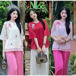 DX_Set đồ lam, đi chùa mặc Tết thanh lịch áo Chất Tơ cổ tròn Đính Nơ Thêu Hoa kèm quần dài Lụa