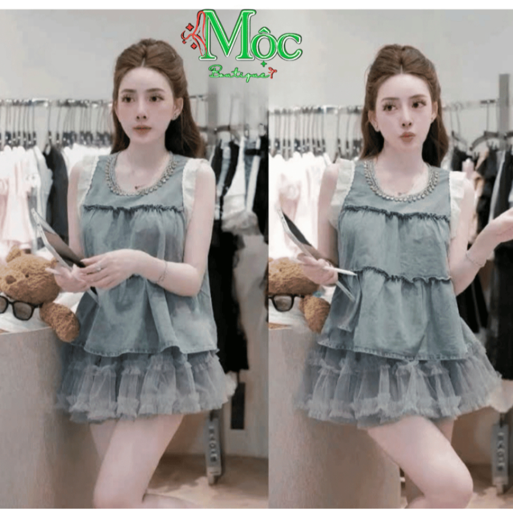 Set váy ngắn, thiết kế tiểu thư áo sát nách chất Jean phối ren đính đá kèm chân váy Voan có quần