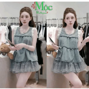 Set váy ngắn, thiết kế tiểu thư áo sát nách chất Jean phối ren đính đá kèm chân váy Voan có quần
