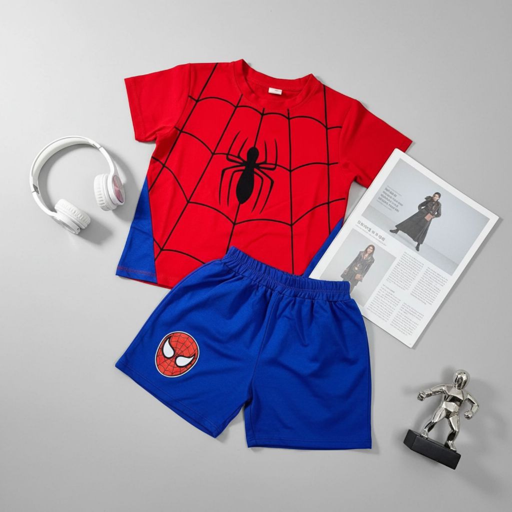 [Gumiho Kids]Set Đồ Bé Trai Spider-Man In Nổi Cực Ngầu–Áo Thun Đỏ+Quần Short Xanh , Cotton 8–23kg