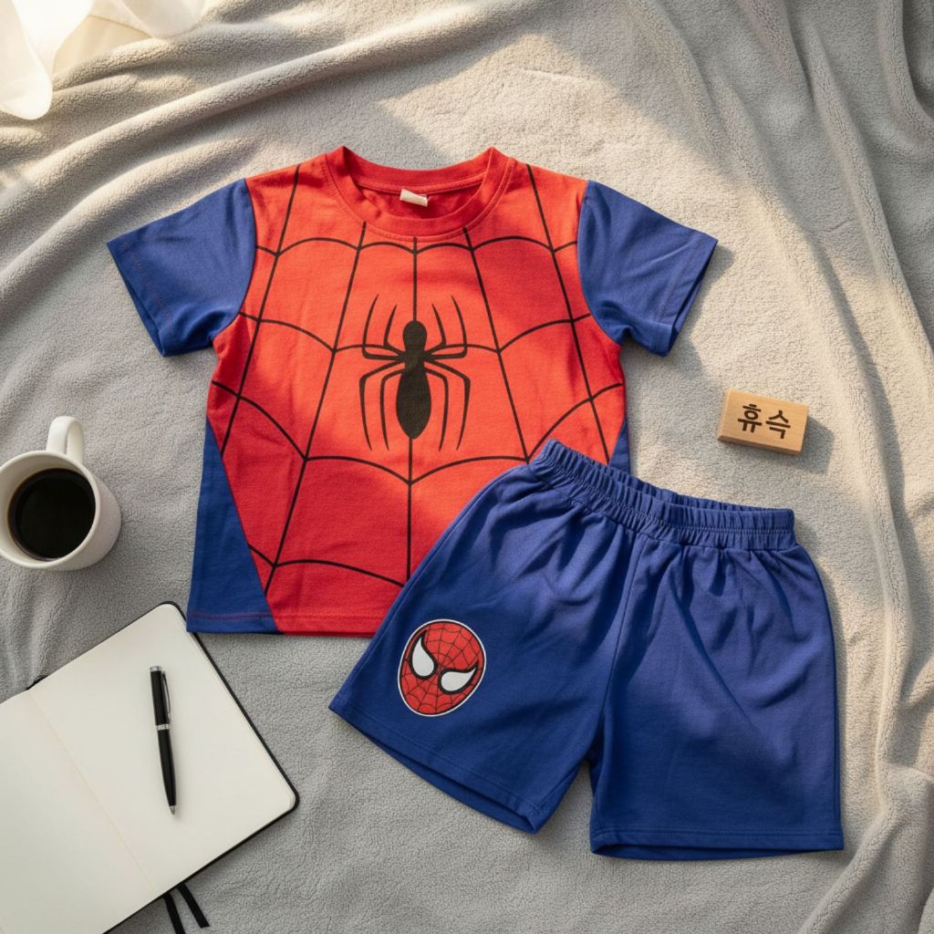 [Gumiho Kids]Set Đồ Bé Trai Spider-Man In Nổi Cực Ngầu–Áo Thun Đỏ+Quần Short Xanh , Cotton 8–23kg