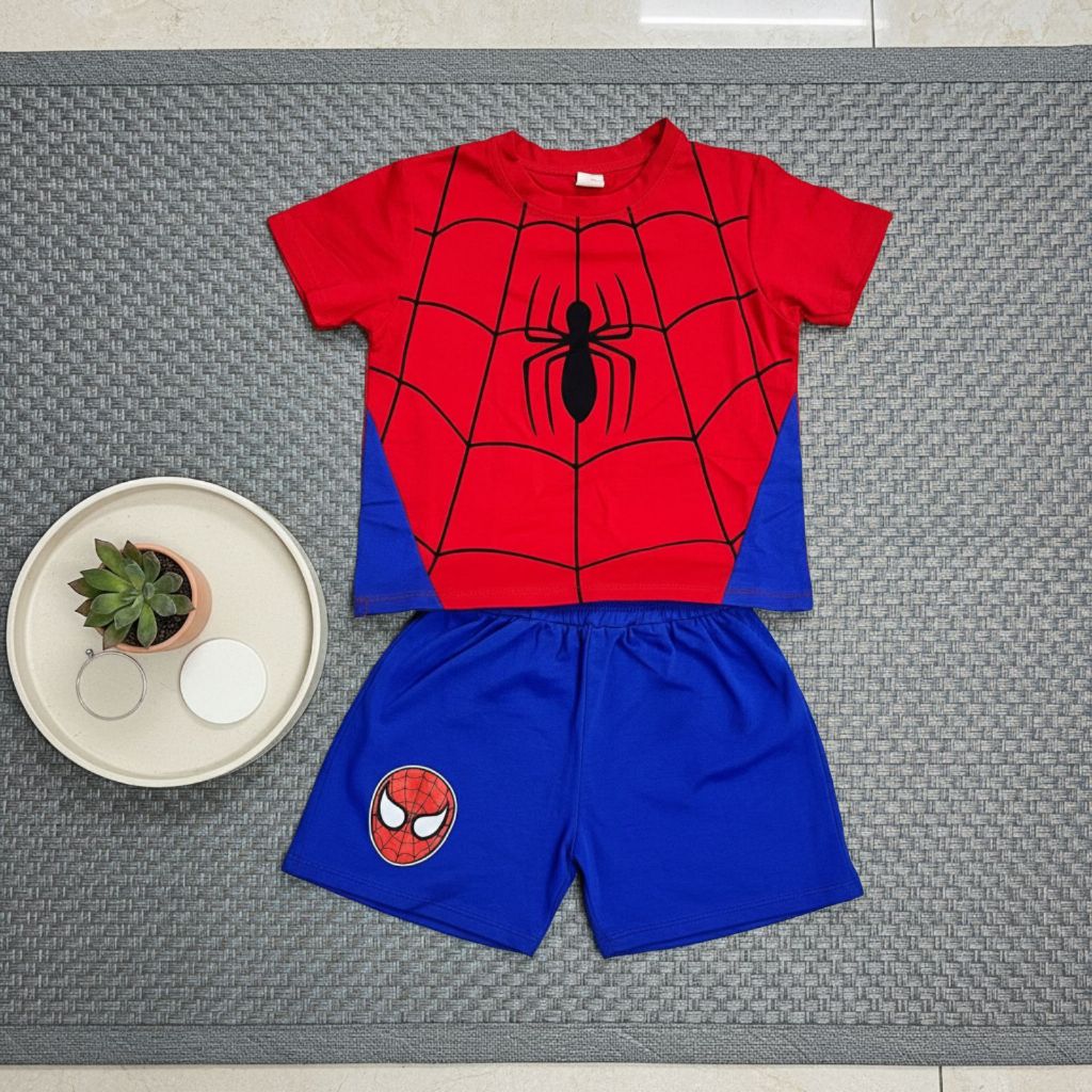 [Gumiho Kids]Set Đồ Bé Trai Spider-Man In Nổi Cực Ngầu–Áo Thun Đỏ+Quần Short Xanh , Cotton 8–23kg
