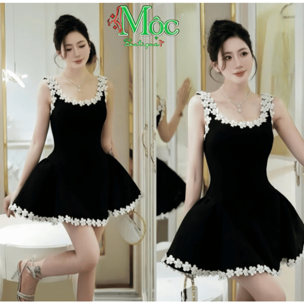 DX_ Đầm váy ngắn, thiết kế dự tiệc sang trọng chất Nhung viền Hoa hai dây form xoè quyến rũ