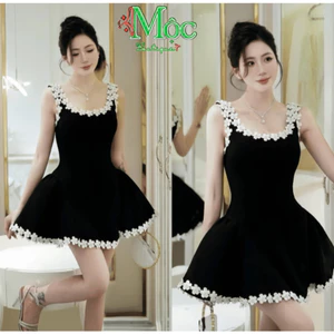 DX_ Đầm váy ngắn, thiết kế dự tiệc sang trọng chất Nhung viền Hoa hai dây form xoè quyến rũ