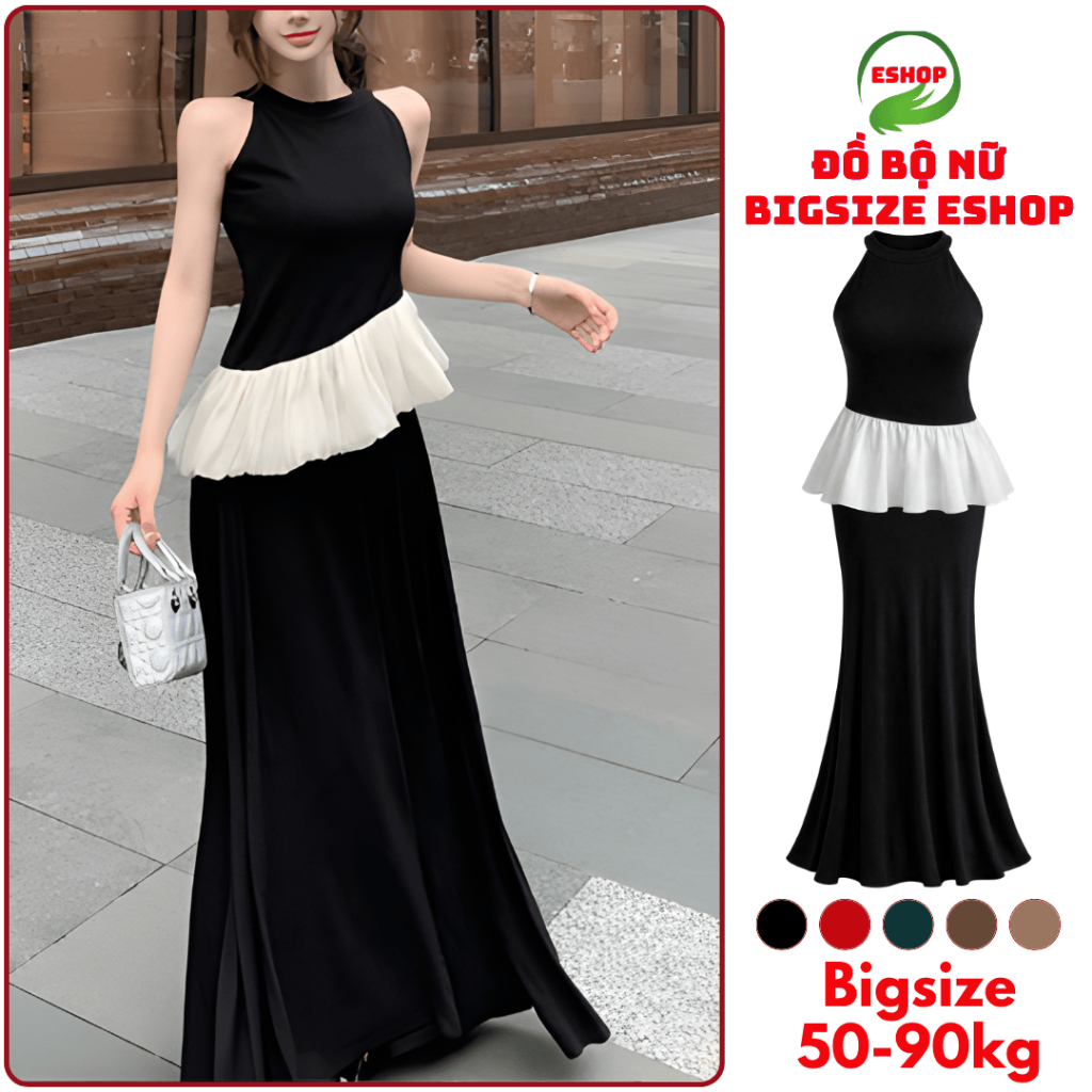 Chân Váy Đuôi Cá Dáng Dài Bigsize Áo Thun Phối Tơ Voan Xéo ESHOP Set Áo Ba Lỗ Phối Bèo Mix Váy M266