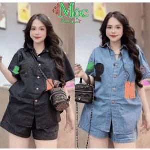 Set bộ jean, đồ bộ nữ chất Jean cá tính áo cài nút cổ bẻ cộc tay form rộng thêu 4 chữ kèm quần short