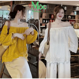 Set đi biển, đồ nữ mặc hè gồm áo babydoll trễ vai chất Thô Ren phối quần Đũi suông dài xinh xắn