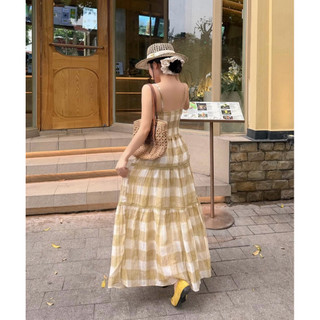 ĐẦM VÁY HAI DÂY KẺ XANH VÀNG DÁNG MAXI, VÁY HAI DÂY ĐI BIỂN NỮ