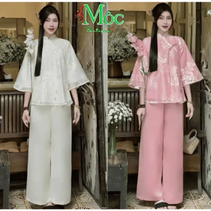 QC_ Set đồ lam đi chùa mặc Tết áo chất Tơ thêu hoa tay lỡ cổ tàu nút chéo mix quần dài Lụa Phi