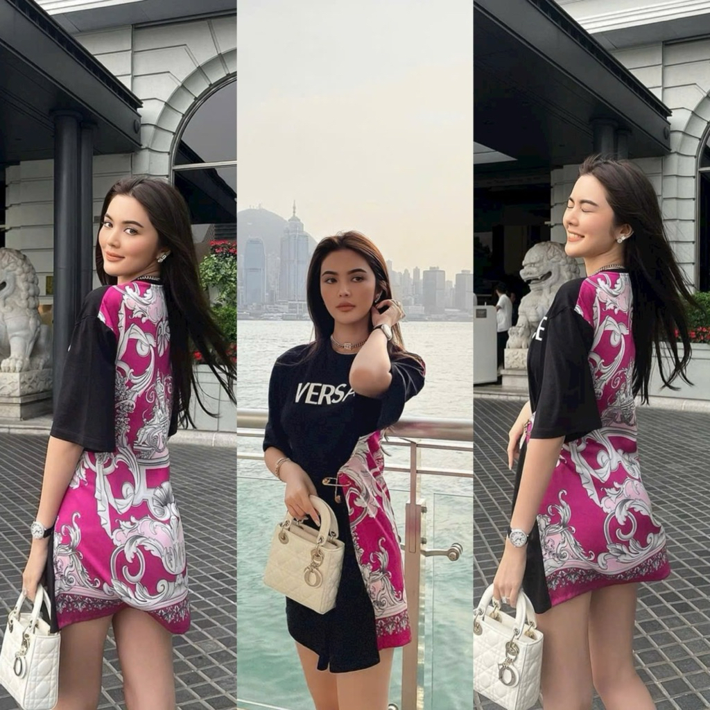 set áo thun loang Versace quần jean suông