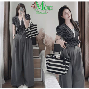 Set bộ 3 món, set thiết kế công sở nữ Quảng Châu áo quây trong phối áo croptop kèm quần suông xếp ly