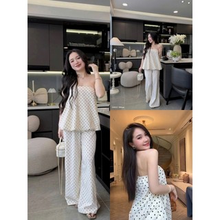 Set bộ thời trang nữ phong cách tối giản chất tuyết mưa thiết kế áo cúp ngực đơn giản phối quần dài ống rộng họa tiết in