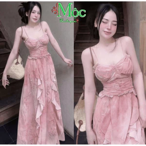 QC_ Đầm váy dài, đầm Voan cao cấp dáng dài tiểu thư mặc hè hai dây cúp ngực phối bèo có lót có mút