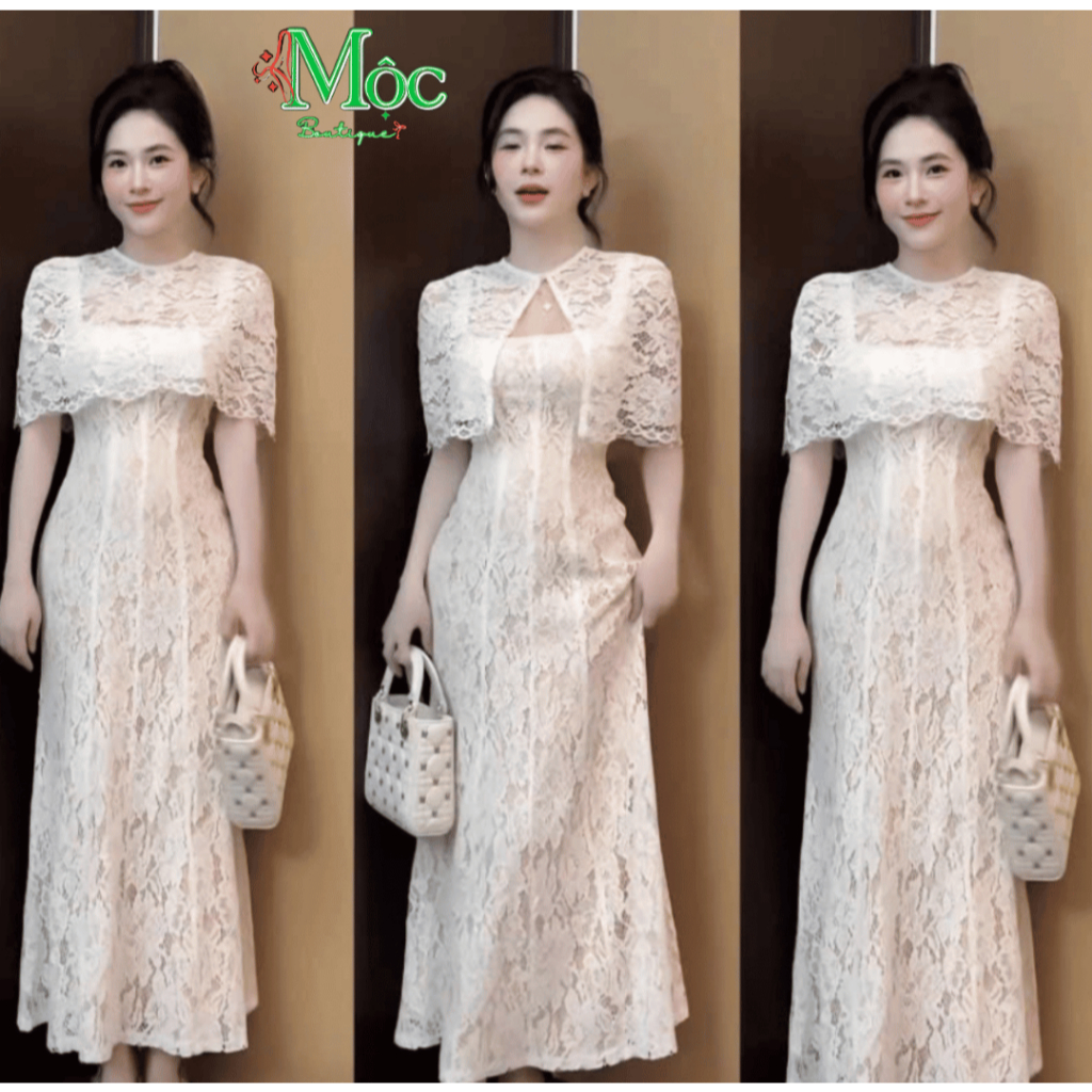 Set váy dài, dự tiệc thiết kế tiểu thư nhẹ nhàng chất Ren hoa 2 lớp gồm đầm dài kèm choàng ngắn
