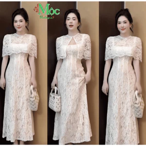Set váy dài, dự tiệc thiết kế tiểu thư nhẹ nhàng chất Ren hoa 2 lớp gồm đầm dài kèm choàng ngắn