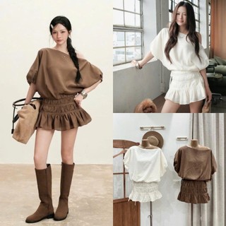 Set Bộ Áo Kiểu Trễ Vai Nữ Mix Chân Váy Nhún Basic Dễ Mặc - Set Đồ Nữ Đi Chơi Thanh Lịch Dễ Phối 247Store H033