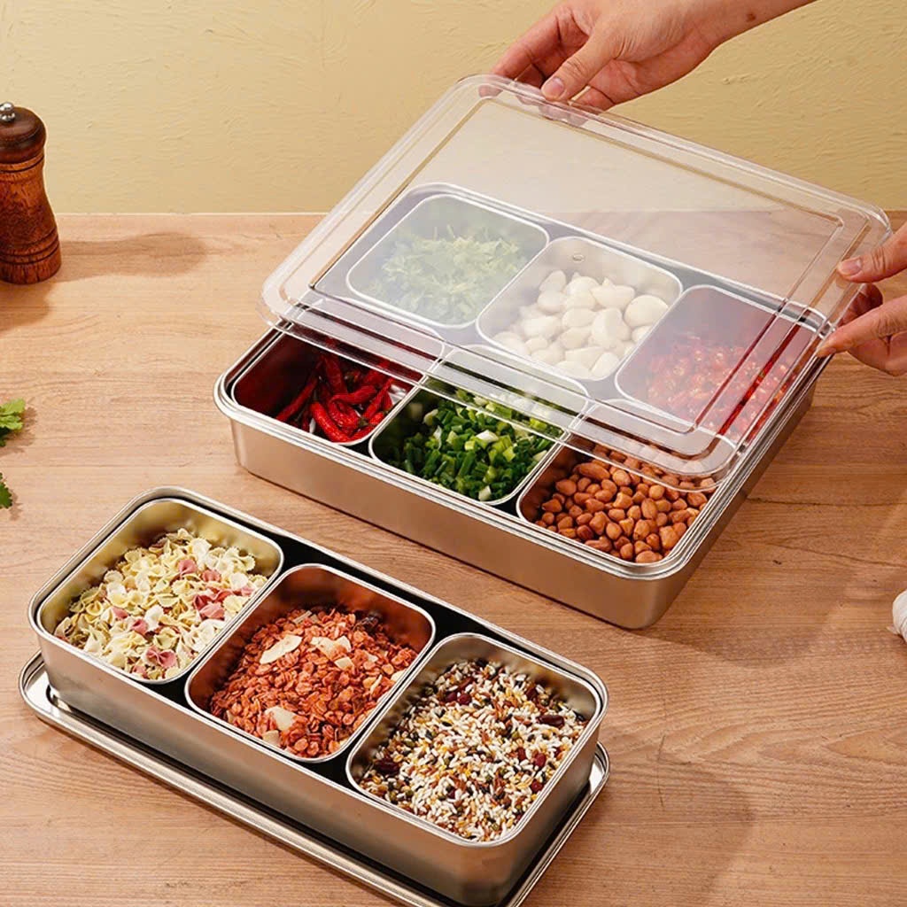 Khay Inox 201 Đựng Topping 6 Ngăn, 8 Ngăn Kèm Nắp Nhựa Đa Năng Cho Quầy Pha Chế