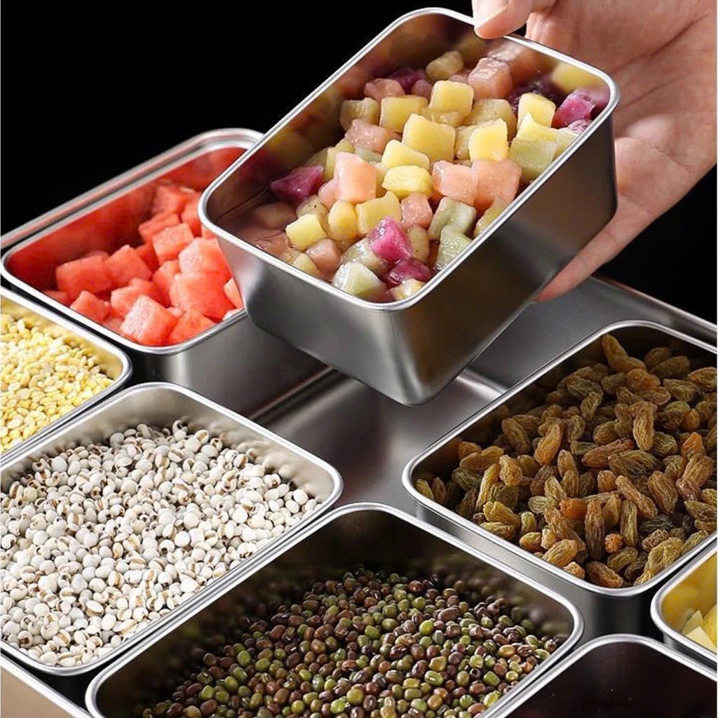 Khay Inox 201 Đựng Topping 6 Ngăn, 8 Ngăn Kèm Nắp Nhựa Đa Năng Cho Quầy Pha Chế