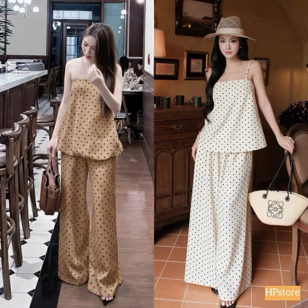 L683- (CÓ HOA TỐC ) Set Áo Cúp 2 dây Ngực Kèm Quần Ống Suông Dáng Rộng Cá Tính Sang Chảnh Hiện Đại Cho Nàng(38-56kg)