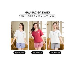 6BCN04 Đồ bộ mặc nhà nữ CARDINA áo cotton cộc tay phối cổ trụ kẻ và quần thô kẻ đùi 6BCN04