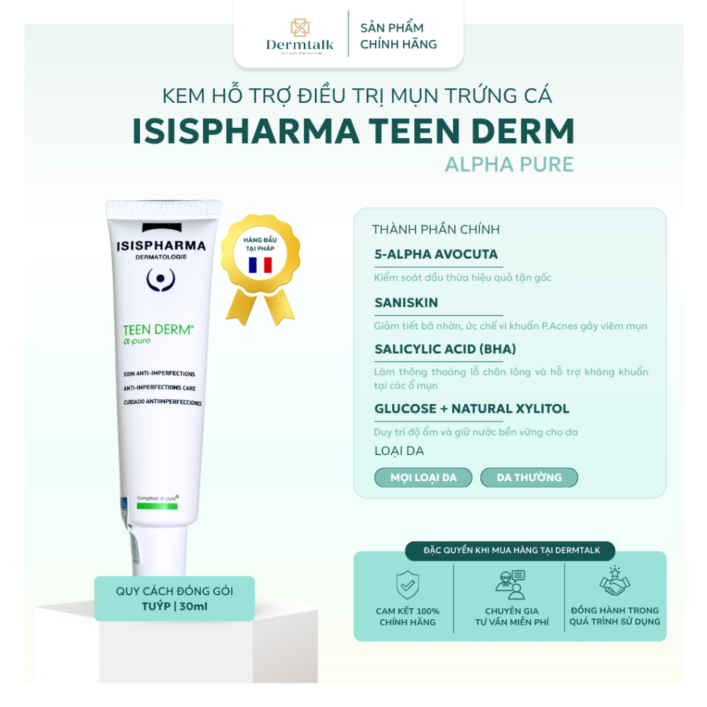 Kem chấm giảm mụn viêm chuyên sâu ISISPHARMA TEEN DERM α-Pure 30ml - Kiểm soát nhờn, giảm viêm