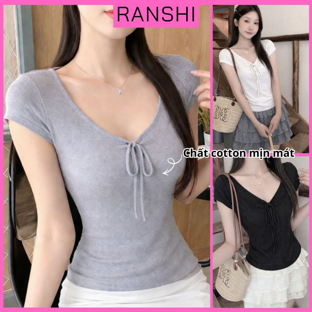 [CÓ SIZE] Áo Thun Ngắn Tay Cổ Rộng Dáng Vừa RANSHI Thoáng Mát Mặc Ở Nhà Mặc Đi Chơi Chất Cotton Mềm Mịn Co Dãn - RA356