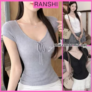 Áo Thun Ngắn Tay Cổ Rộng Dáng Vừa RANSHI Thoáng Mát Mặc Ở Nhà Mặc Đi Chơi Chất Cotton Mềm Mịn Co Dãn - RA356