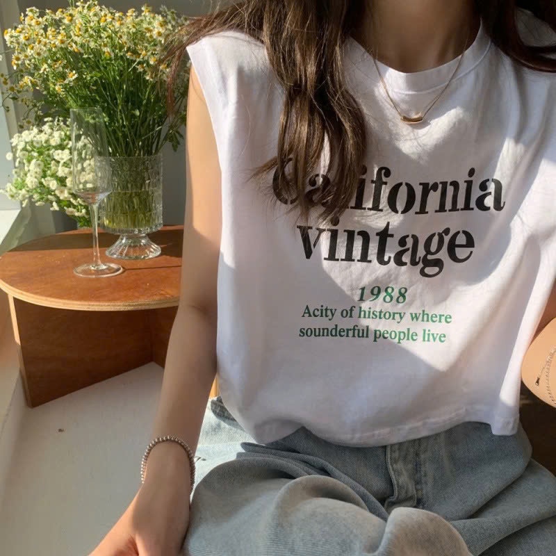 Áo croptop ba lỗ tay hến nữ in hình California Vintage cực chất đơn giản basic thun cotton co giãn thoáng mát
