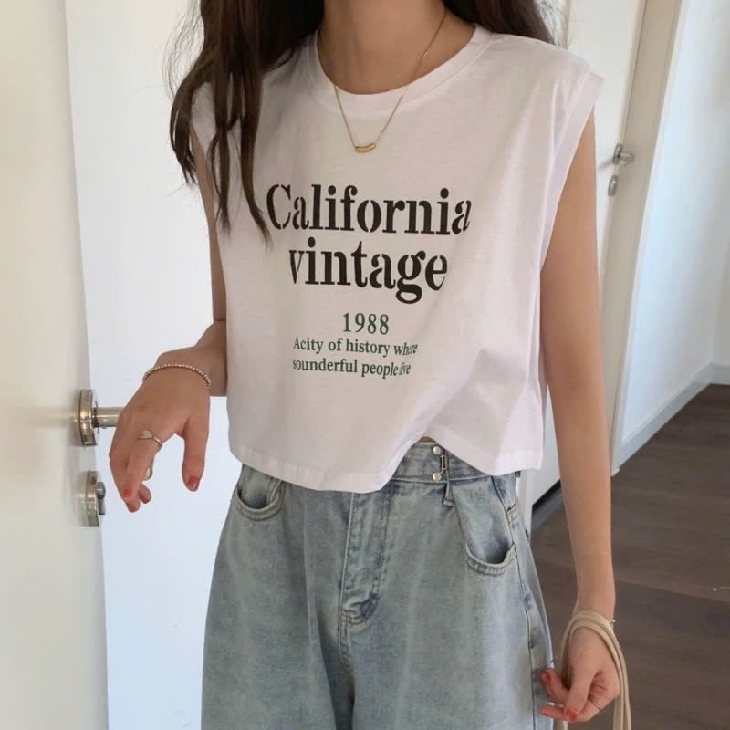 Áo croptop ba lỗ tay hến nữ in hình California Vintage cực chất đơn giản basic thun cotton co giãn thoáng mát